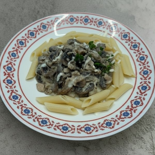 Курица с грибами в сливках с макаронами